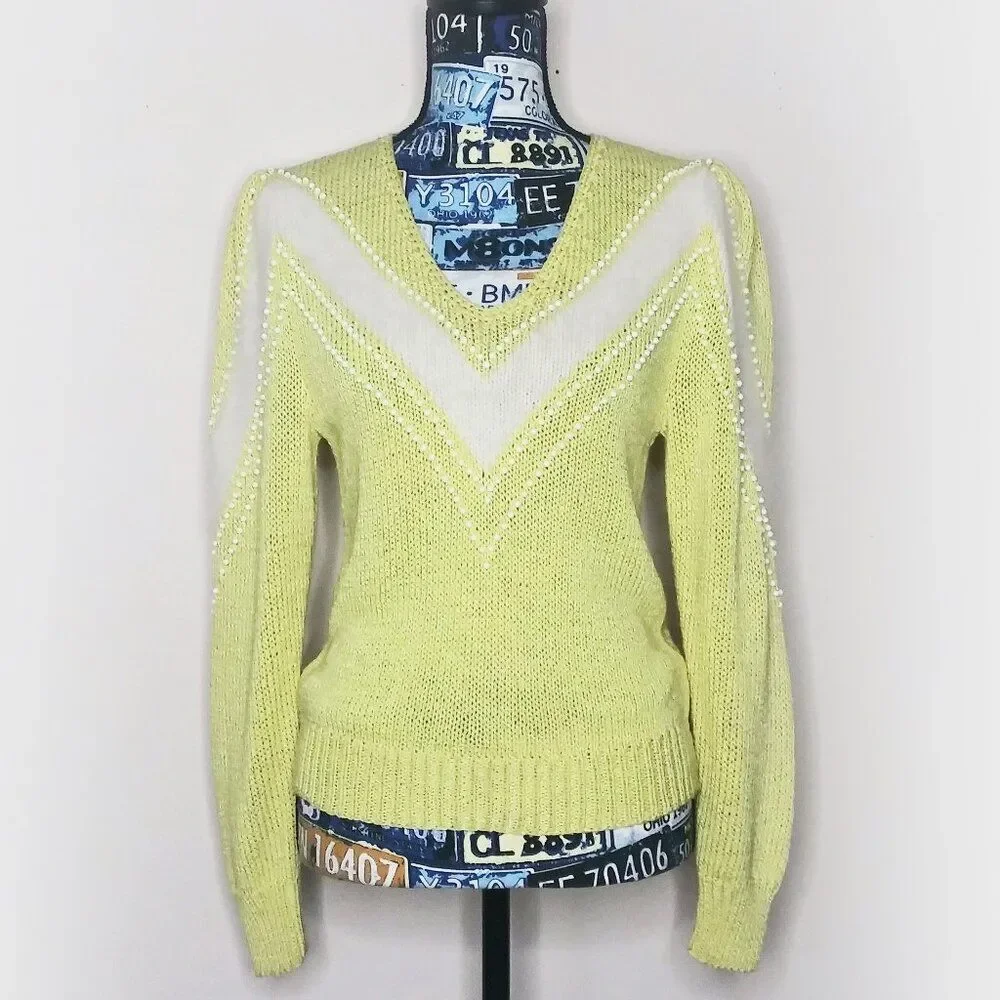 Vtg NANNELL Angora‎ V-Neck Sweater Bead Embellished Puff Sleeve Butter Yellow M